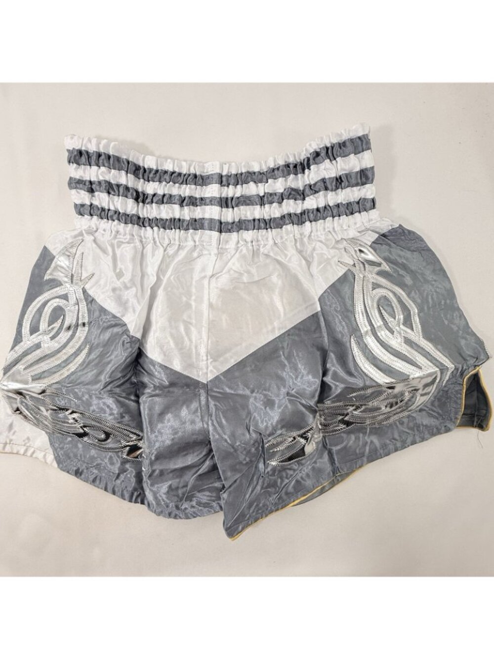 Muay Thai Boxing Shorts Men Women Size L Fonts Gray Gold Satin Patch Kickboxing - Picture 2 of 12
